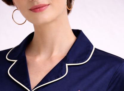 Zenith | Navy Blue Hand-Painted Cotton Satin Boardroom-to-Bed Co-ord Set