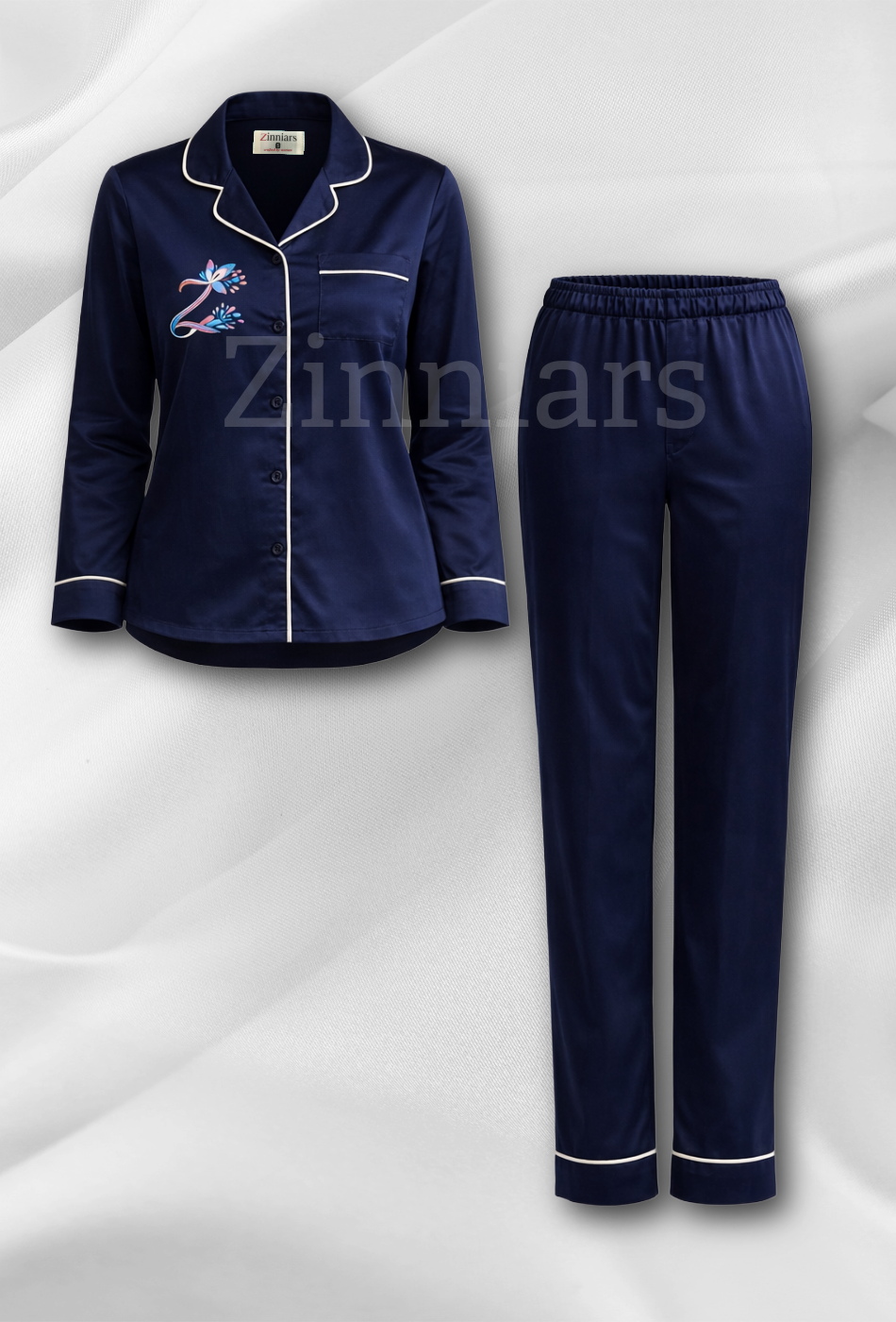 Zenith | Navy Blue Hand-Painted Cotton Satin Boardroom-to-Bed Co-ord Set