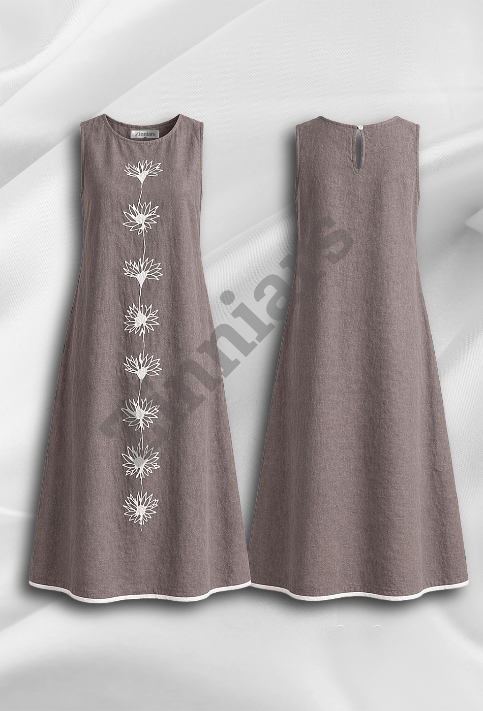 Naira | Cotton Linen A-Line Midi Dress in Earthy Grey with Hand Embroidered Motifs