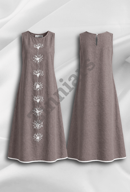 Naira | Cotton Linen A-Line Midi Dress in Earthy Grey with Hand Embroidered Motifs