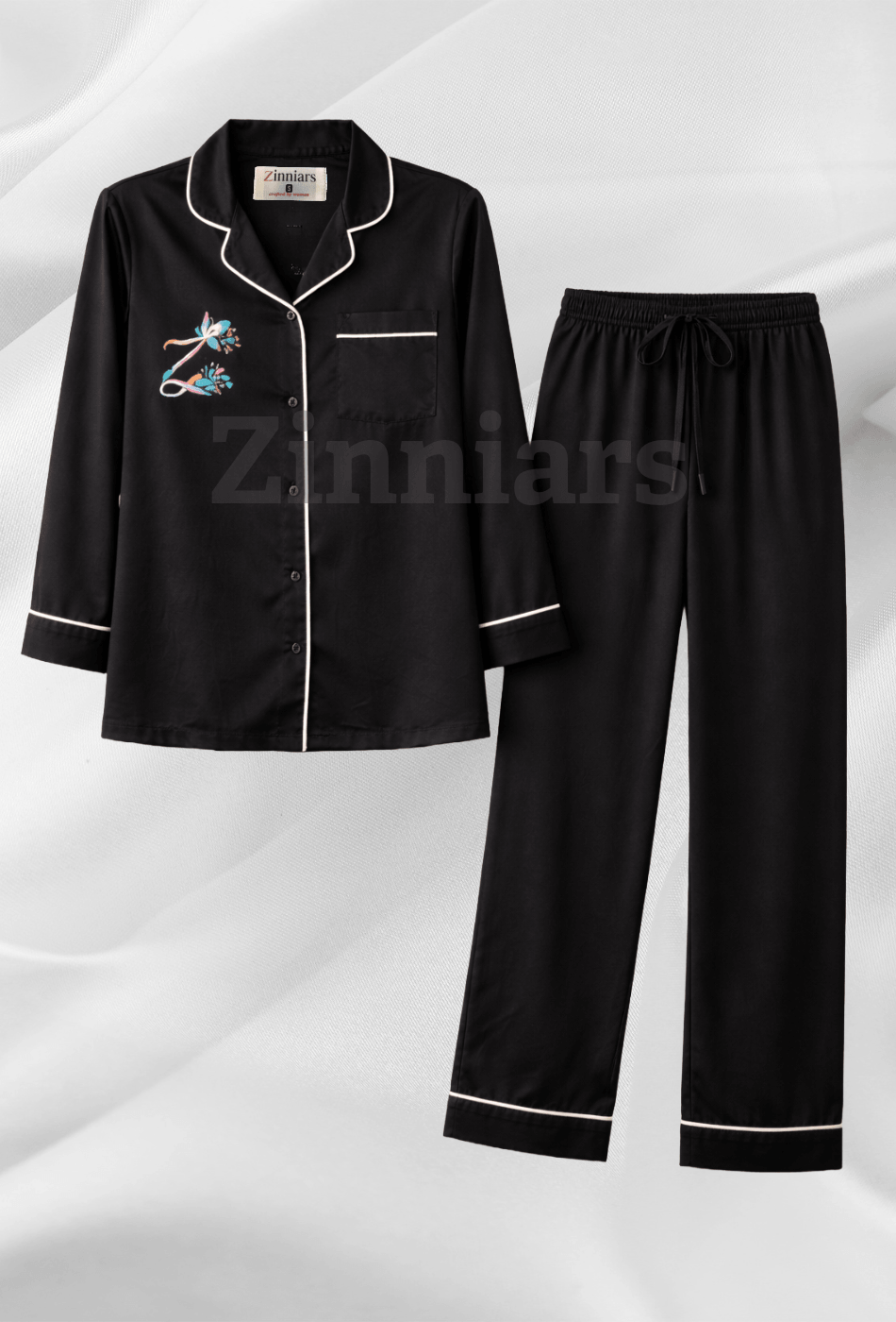Zenith | Majestic Black Hand-Painted Cotton Satin Boardroom-to-Bed Co-ord Set