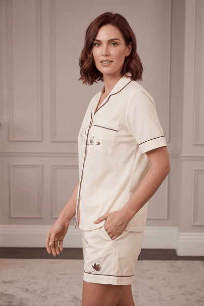 Mehar Love | Cotton Satin Co-ord Set – Hand-Painted Shirt & Shorts in Ivory