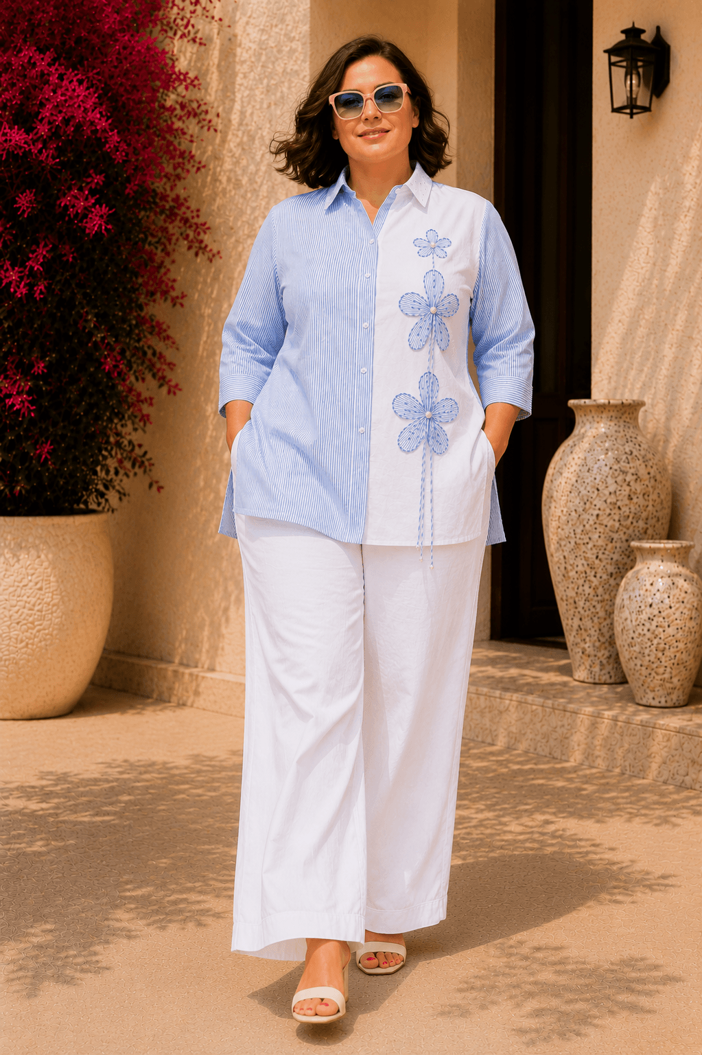 Tisca Plus Seersucker Shirt with Riviera Wide Leg Pants Co-ord Set