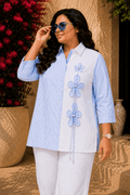 Tisca Cotton Blue Stripe Seersucker Floral Appliqué Shirt