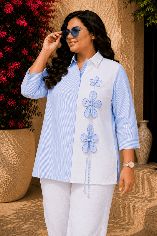 Tisca Cotton Blue Stripe Seersucker Floral Appliqué Shirt
