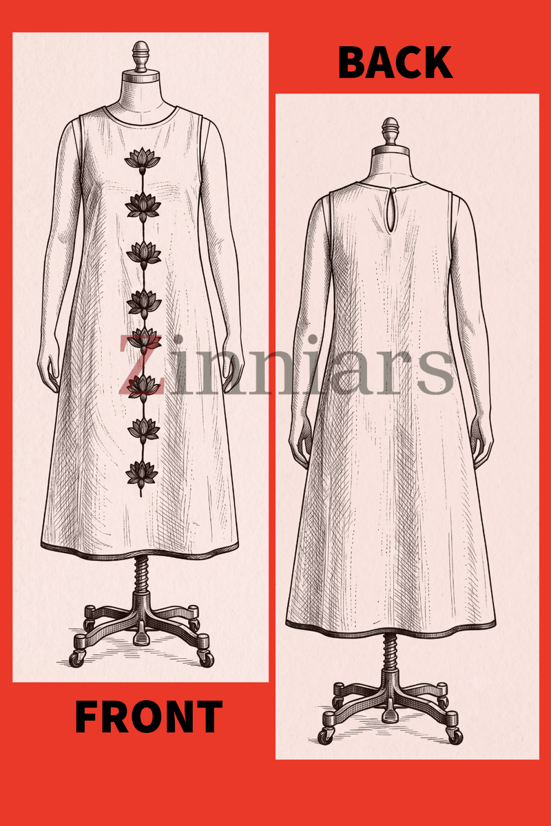 Naira | Cotton Linen A-Line Midi Dress in Warm Beige with Hand Embroidered Motifs